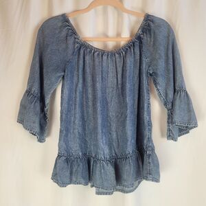New York & Company Soho Denim Blouse Womens Size Small Off The Shoulder